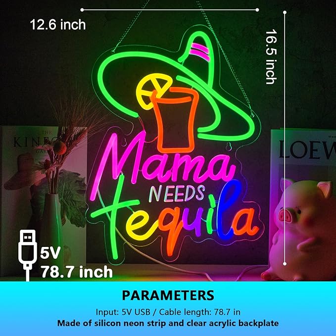 Mama Needs Tequila Neon Sign Tequila Time Neon Sign for Wall Decor Mexican Tequila USB Dimmable LED Neon Lights for Beer Bar Kitchen Restaurant Home Pub Party Man Cave Club Shops Hotel Store Business Gift