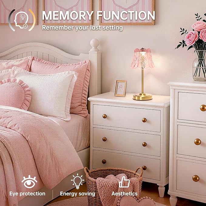 Shenmoyl Cordless Touch Table Lamp with 5200mAh Battery - 3 Adjustable Color Temperatures & Dimmable, Rechargeable Desk Lamp for Bedroom, Living Room, Office, Entryway, Bookshelves (Clear Pink Rose)