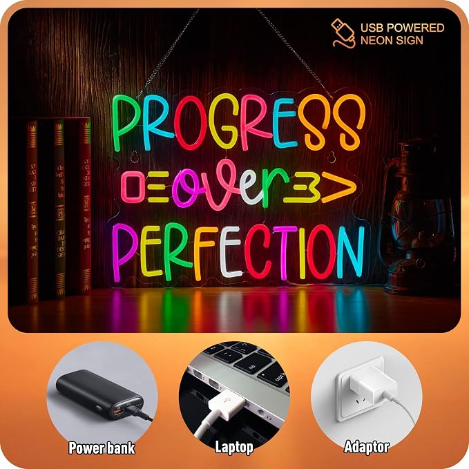 Progress Over Perfection Neon Sign, Positive Affirmation LED Light for Wall Decor Multicolored Signs for School Motivational Classroom Kids Room Home Compatible with Timer (15.7 X 12.6 in)