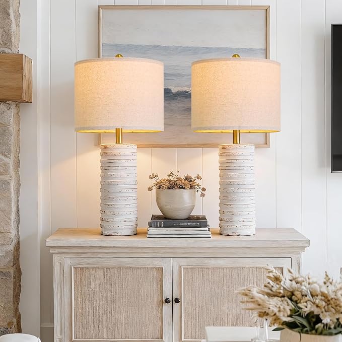 PoKat 27'' Tall Table Lamps for Living Room, Farmhouse Bedside Lamps Set of 2 for Bedroom, Rustic Ceramic Nightstand Lamps with Linen Lampshade Distressed Design for Office Entryway Hallyway (White)