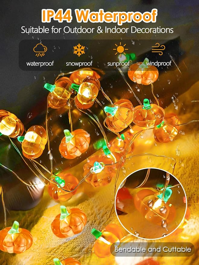 Fall Decor 10FT 3D Pumpkin Fairy Lights Battery Operated With Remote Orange | 30 LED, 8 Modes & Timer, IP44 Waterproof Twinkle Fall String Light for Indoor Outdoor Autumn Halloween Thanksgiving Decor