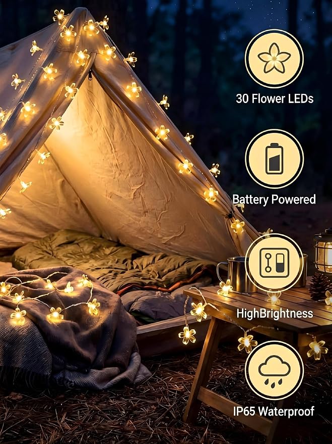Flower Battery Operated Indoor String Lights 30L Cherry Blossom Fairy Light | Waterproof Outdoor Party Birthday Wedding Room Camping Graden Home Orange