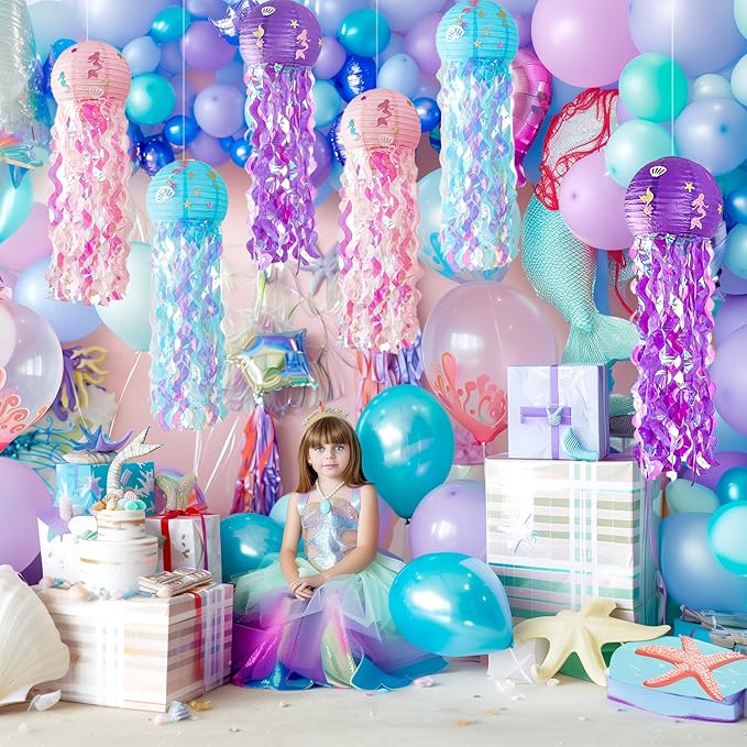 12" Colorful Jellyfish Lanterns - Mermaid Birthday Party Decorations, Under the Sea & Ocean Theme Hanging Jellyfish Decor for Classroom, Nautical Events, and Underwater Adventure (Set of 6)