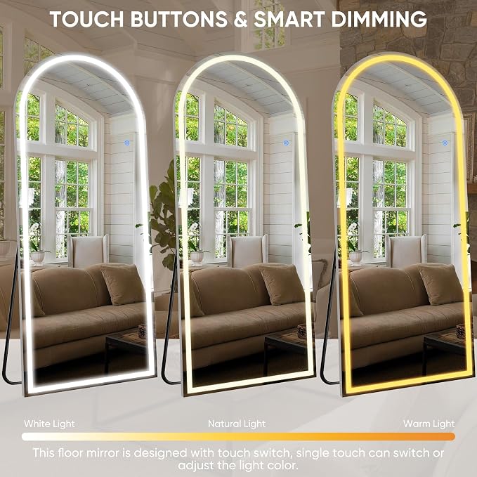 Antok LED Full Length Mirror with Light, 56"x20" Lighted Full Body Mirror with Stand, Dimmable & 3 Color Lighting Standing/Leaning/Wall Mounted Vanity Mirror for Bedroom Cloakroom Livingroom(Arched)