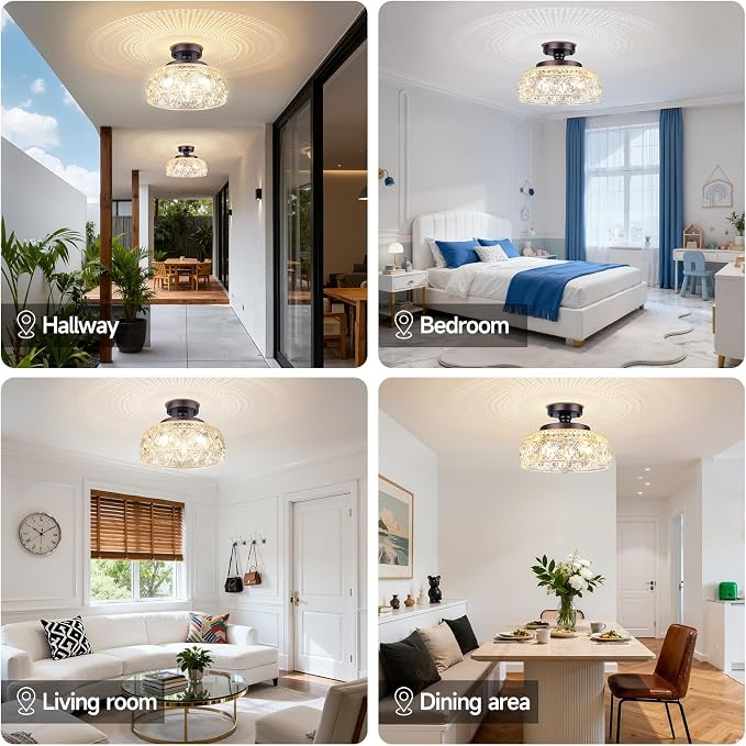 Modern 3-Light Glass Semi Flush Mount Ceiling Light Fixture Bronze | E12 Base, Dimmable, Vintage Globe Pendant Lamp for Kitchen, Hallway, Entryway, Bedroom, Living Room, Bulbs Not Included