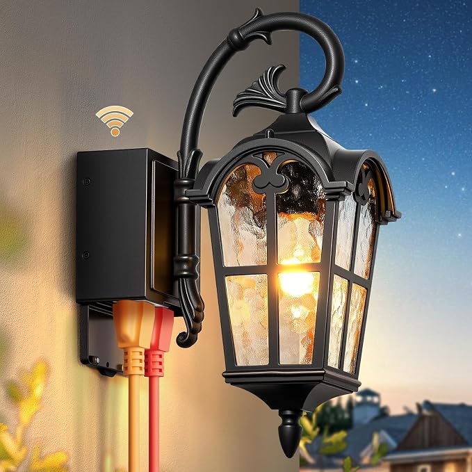 Outdoor Porch Light with GFCI Outlet, Black Roman Dusk to Dawn Porch Light Wall Mount, Aluminum Exterior Wall Sconce with Water Ripple Glass, Waterproof Outside Sconce Lights for House