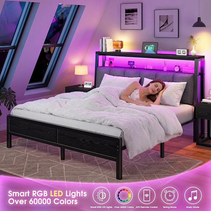 Homkdom Full Bed Frame,Upholstered Storage Headboard,Charging Station,Black | LED Lights, 12" Under-Bed Storage, 2 Three-prong Outlet&2 USB, Noise-Free, Quick Assembly, Supports up to 900 lbs