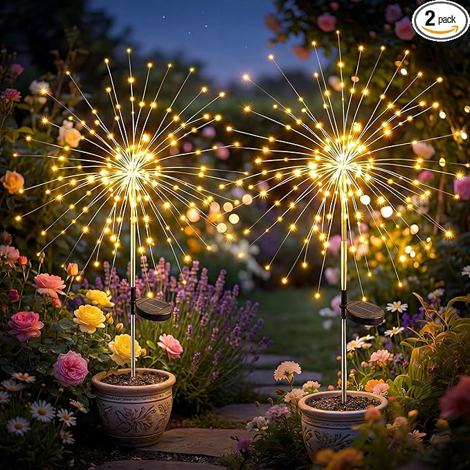 Solar Firework Lights Outdoor 2 Pack, 120LED Starburst Garden Lights Solar Powered with 8 Lighting Modes, Waterproof Decorative Lights for Flower Beds, Walkways, Small Garden & Patio Decor