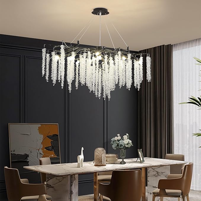 Tree Branch Chandelier L39.5 Inch Black Luxury Rectangular Crystal Raindrop Pendant Light 12 Lights Kitchen Island Hanging Light Fixture for Living Room Dining Room Foyer Entryway