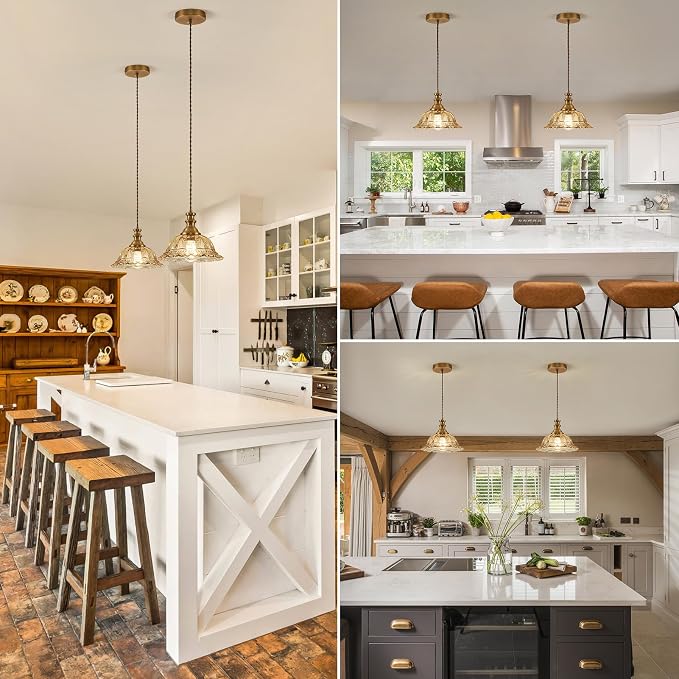 HDDFL Glass Pendant Lights Modern Pendant Lighting Fixtures Hanging Lamp for Kitchen Island Bedroom Dining Room Coffee Shop Hallway Amber and Brass 2 Pack