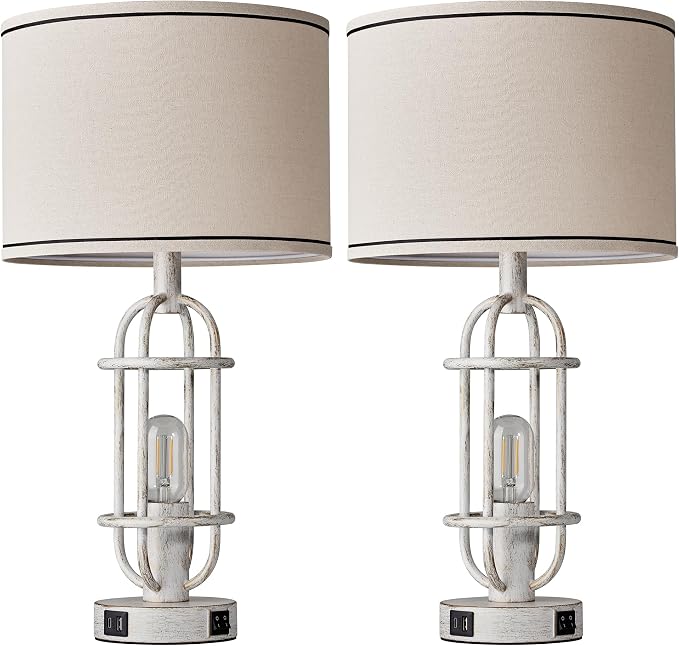 Reaketon 22.3" Farmhouse Table Lamps Set of 2, Vintage Lamps for Living Room End Tables, Bedroom Lamp for NightStand with USB C+A Ports, Antique White