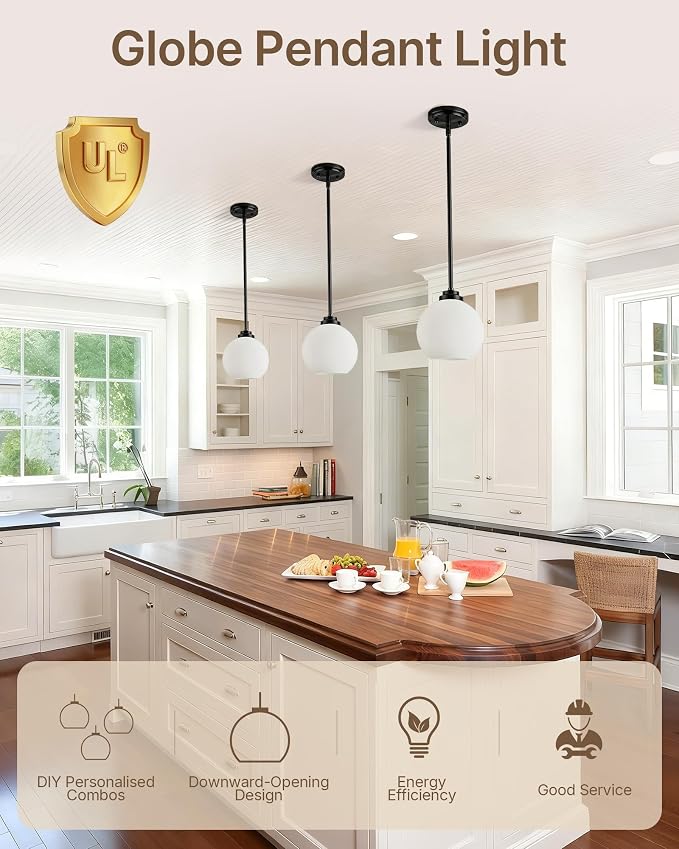 Majade 7.4" Globe Pendant Lights Mid Century Modern Kitchen Island Pendant Light Fixtures 2 Pack Black Brass Pendant Lighting with Milk Glass Adjustable Hanging Light Fixtures for Dining Room