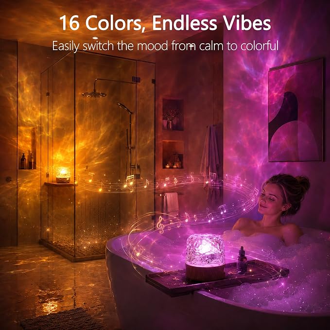 Waterproof Shower Light with Bluetooth Speaker, 16 Colors Shower Lamp with Remote & Touch Control, Rechargeable Ocean Wave Projector Light No Wiring, Mood Lighting for Inside Shower, Bathroom, Bathtub