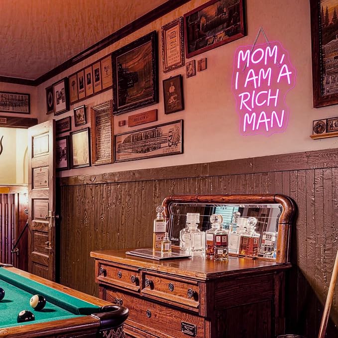 Lucunstar Mom I Am A Rich Man Neon Sign Pink Neon Signs for Wall Decor Pink LED Light for Bedroom Decor USB Connectivity Led Neon Signs for Home Boys Room Man Cave Gifts for Teens