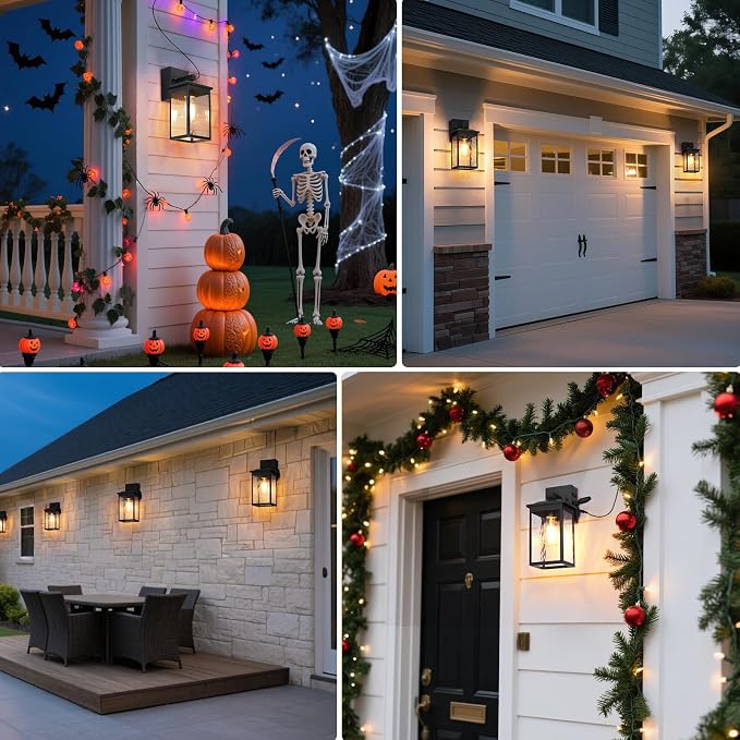 Porch Lights with GFCI Outlet, Dusk to Dawn Outdoor Wall Lighting with Water Rippled Glass Shade, Waterproof Exterior Light Fixture Black Outside Lights for House Front Door Garage Patio (E26 Base)