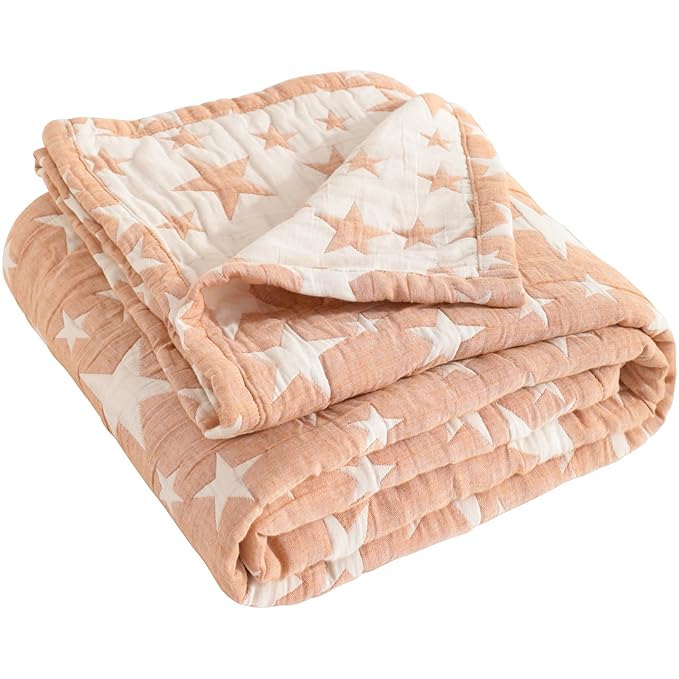 NTBAY 3 Layer Muslin Toddler Blanket, 30 x 40, Pale Orange Star | Breathable Muslin Cotton Outer Layers with Light Thermal Fill, Reversible for Stroller, Daycare, Travel, and Supervised Use