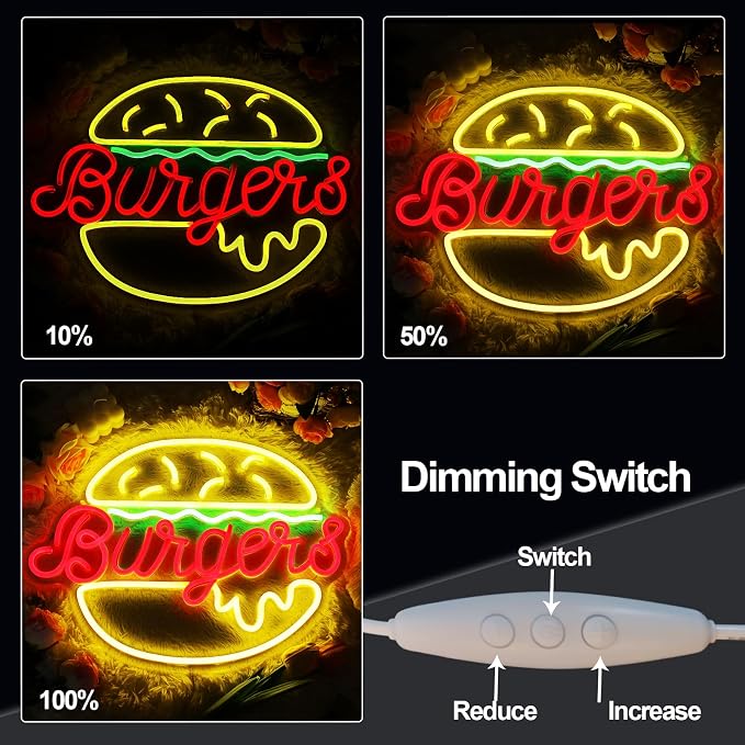 Hamburger Neon Sign USB Powered Wall Decor | Adjustable Brightness, Energy Efficient, 3D LED Light, Restaurant Bedroom Cafe Kids Room, 12.8x16.7in