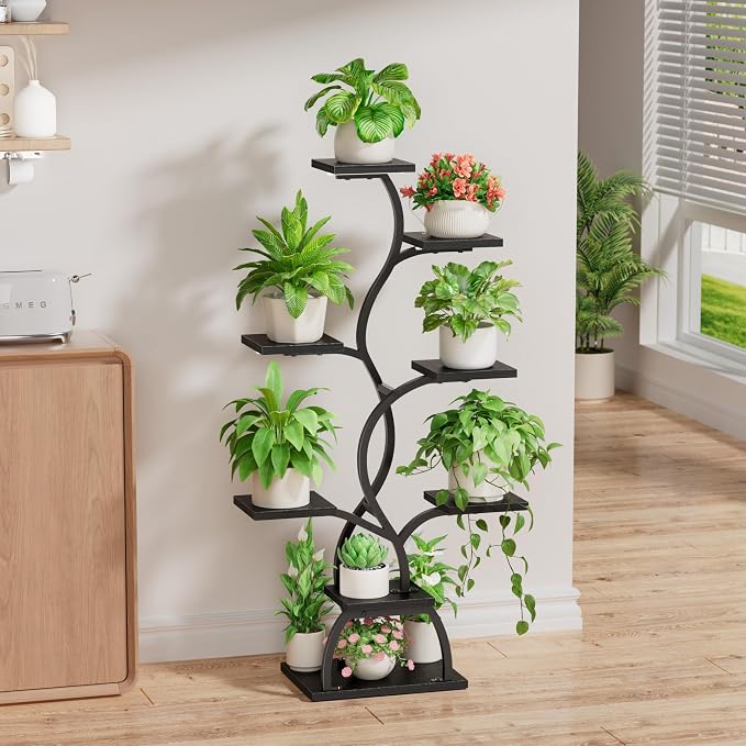 Plant Stand Indoor with Grow Light - 8 Tiered Corner Plant Shelf Indoor | 49" Plant Holder with Lights for Indoor Growing, Tall Lighted Flower Stand for Living Room, Balcony, Black