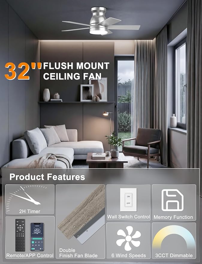 Ohniyou 32'' Silver Low Profile Ceiling Fan with Lights, Remote/APP Control | Flush Mount, Dimmable 3CCT LED, Quiet DC Motor; Memory Function, Small Ceiling Fan for Indoor Bedroom Kitchen Nursery