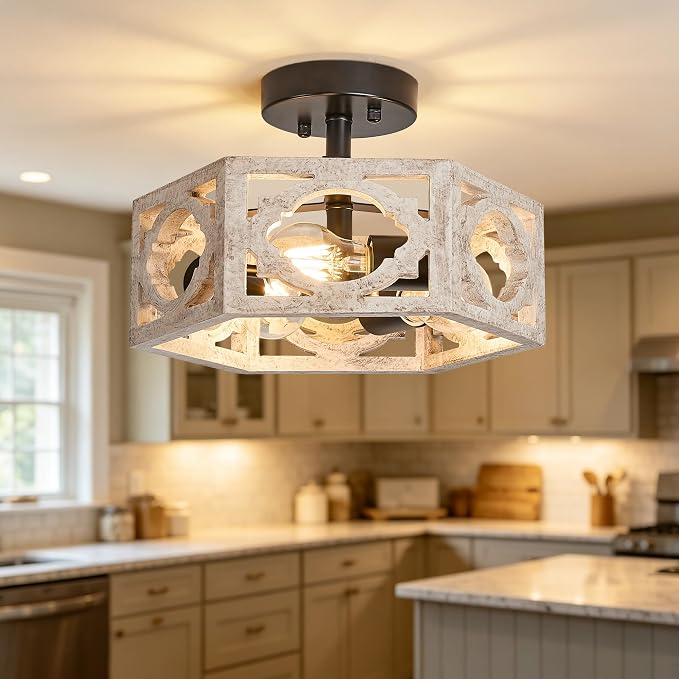 Farmhouse Semi Flush Mount Ceiling Light,Distressed White Hexagon Rustic Carved Wood Fixture for Kitchen Bedroom Hallway Dining Room Entryway,Close to Ceiling Light Fixtures,3-Light