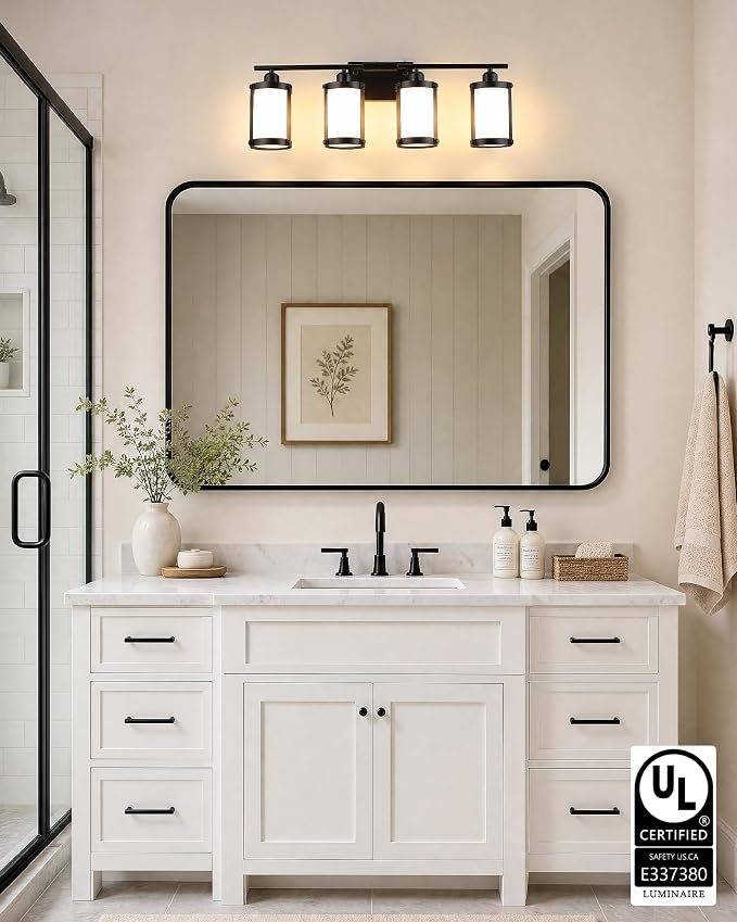 4-Light Oil Rubbed Bronze Bathroom Light Fixtures Over Mirror with Frosted Milk Glass and Metal Cage Shade, 29" UL-Listed Modern Farmhouse Wall Sconce for Bath, Hardwire E26, OS-3014ORBW-4W
