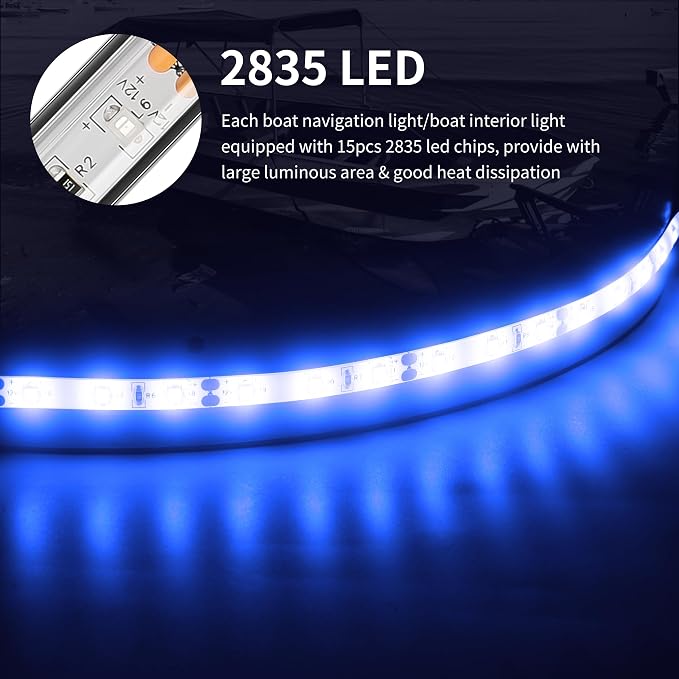 RVZONE LED Boat Interior Lights, Boat Led Strip Lights Marine Waterproof Marine Lighting Strip Night Fishing Lighting for Pontoon, Dinghy, Kayak, Yacht,4 Pcs, Blue