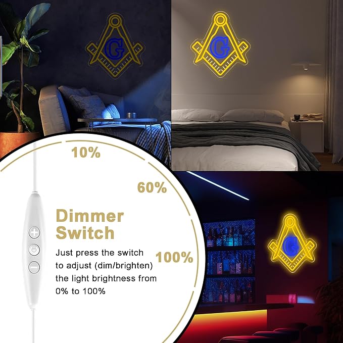 Mutank Masonic Neon Sign, USB Powered Dimmable LED Neon Light Symbolic Decor, for Brotherhood Historical Wall Game Room Study Man Cave Wall Decor, Gifts for Freemasons and Brothers(12.9 * 12.2 In)