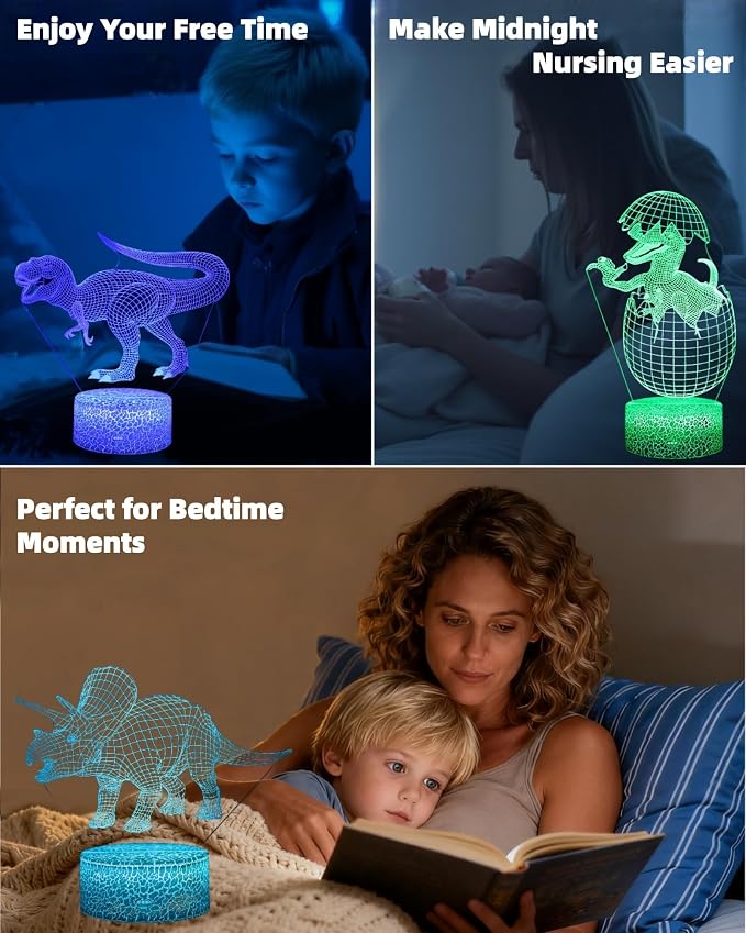 Dinosaur 3D Illusion LED Night Light, 5 Patterns, Kids Lighting | 16 Colors Changing, Dimmable, Smart Touch & Remote Control, Bedroom Room Décor Lamp, Gift Jurassic Toy Toddler Teen Boy Girl