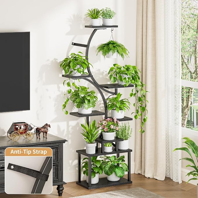 BACEKOLL Plant Stand Indoor with Grow Light, 8 Tier Corner Plant Shelf Tall | 62" Lighted Flower Holder for Plant Multiple, Space-Saving Beautiful Display Growing Rack for Home Patio, Sturdy Metal, Black