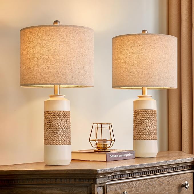 23.75" Bedside Table Lamps Set of 2 for Sleeping and Reading, Vintage Farmhouse Rattan Table Lamp Antique White Resin Lamp for Decoration, Office Living Room Bedside Table