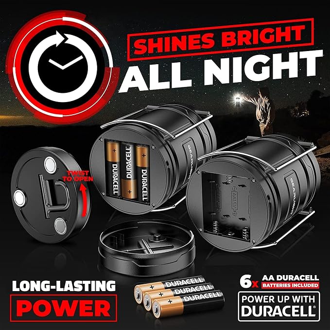 GearLight Camping Lantern - 2 Portable LED Battery Powered Lantern with Magnetic Base and Foldable Hook for Emergency Use or Campsites, Essential Hurricane Survival Kit with Batteries - Black