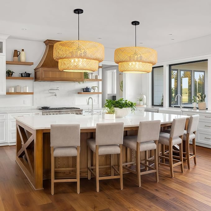 Woven Bamboo Pendant Light,23.6" Rattan Chadelier | 23.6" Boho Bamboo Chandelier,Hand Woven Wicker Hanging Light for Kitchen Island Dining Bedroom Living Room Restaurant