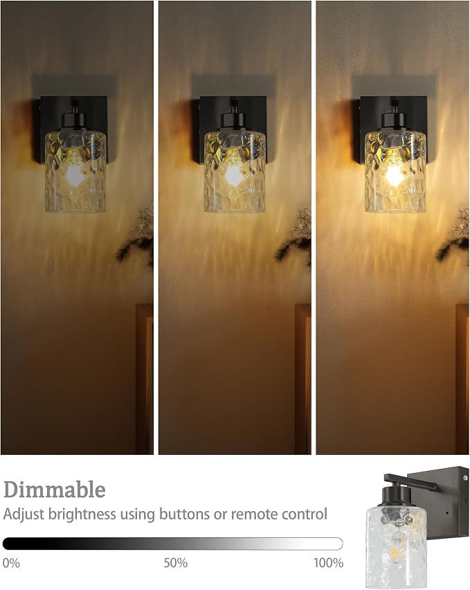 Hammered Glass Wireless Battery Operated Wall Sconces Set of Two Black | Dimmable Rechargeable Wall Lights with Remote Timer, Easy Install Lamp for Living Room Bedroom, Emergency 3000K