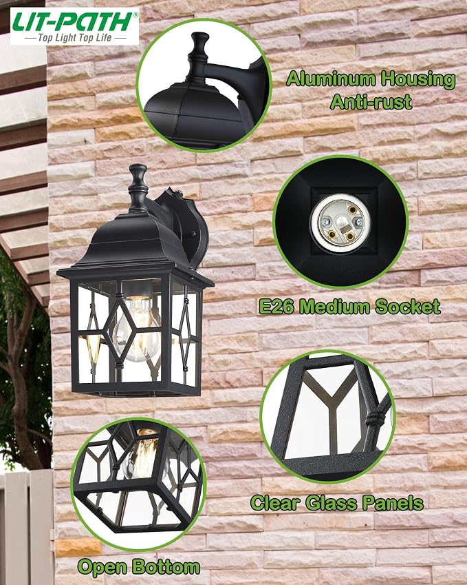 Outdoor Wall Light Fixture, Rustproof Aluminum, Glass | Dusk to Dawn Large Exterior Porch Light Wall Sconce Lantern for House, Patio, Garage, Waterproof, E26 Socket 60W Max, Black