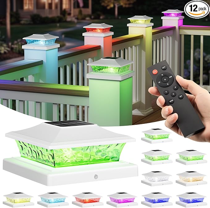 4x4 Post Solar Lights Color Changing with Remote, 12 Pack White | RGB Solar Post Lights, 4x4 Post Caps Wood Vinyl,5x5 Vinyl & 6x6 Wood,IP64 Waterproof Fence Post Solar Lights Outdoor for Deck