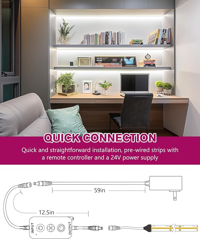 EMITEVER Cool White COB Strip Light Kit 5000K,16.4ft 2400LEDs,24V Dimmable | CRI 90+,305+LM/ft,ETL 48W power supply & remote included,UL listed Strip for living room,kitchen,under cabinet & shelving