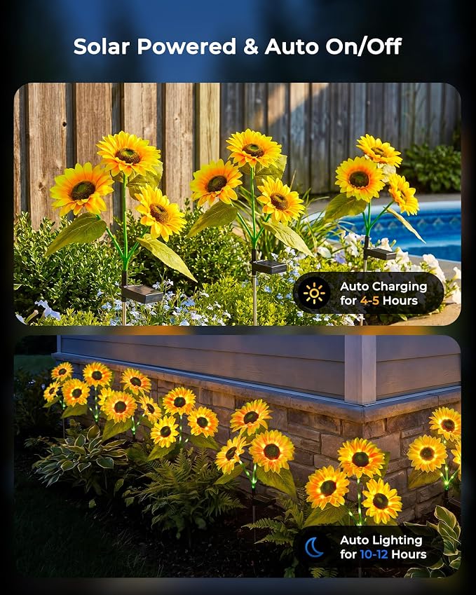 Brightown 6 Pack 3 Head Solar Sunflower Garden Stake Lights Waterproof | 18 glowing stem sunflowers, waterproof solar powered, auto on off decorative stakes for yard, patio, lawn outdoor decoration