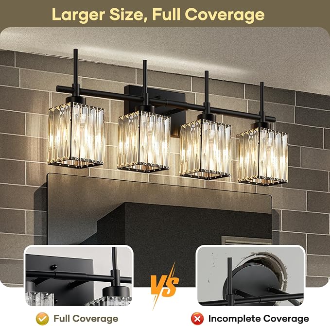 Torondo Modern Crystal Bathroom Vanity Light 4-Lights Matte Black Bathroom Light Fixtures Over Mirror Matte Black Vanity Lighting Fixtures Square Shade Brass Wall Sconce (Bulbs Not Include)