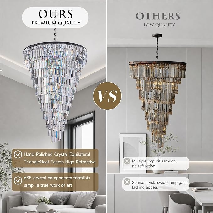 48 Lights Spiral Crystal Chandelier Black Modern Light Fixture Large Chandelier, 48'' W High Ceiling Foyer Ceiling Hanging Pendant, Entryway, Dining Room, E12 LED Bulbs, Black