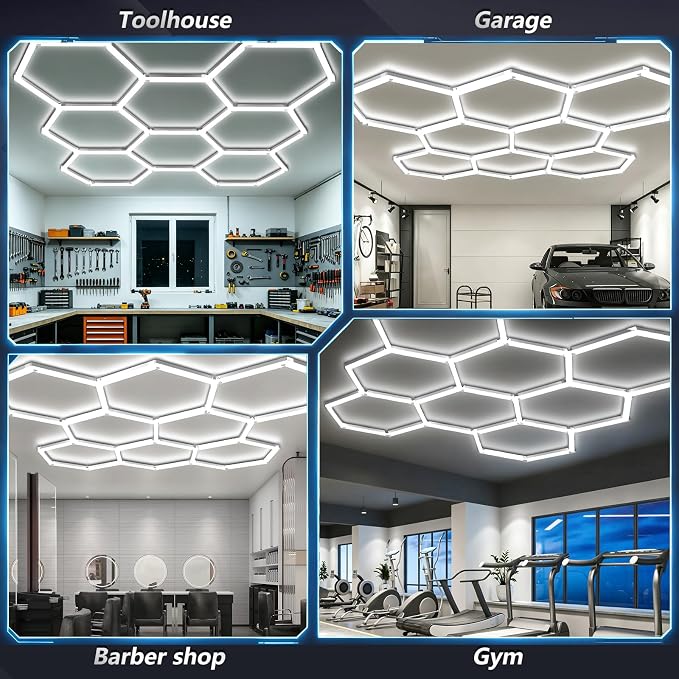 Bevenus Hexagon LED Garage Light, 6500K Super Bright Honeycomb Ceiling Light, Easy Install DIY Hex Lights for Workshop Basement Barbershop Home Gym Car Detailing Shop (8 Grids)