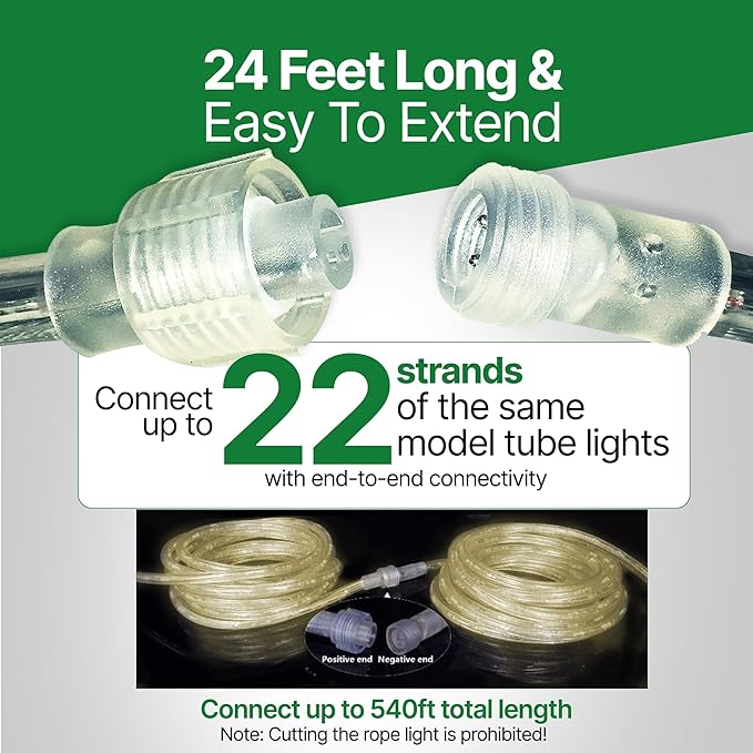 Tupkee LED Rope Light Warm-White - 24 Feet (7.3 m), for Indoor and Outdoor use - 10MM Diameter - 144 LED Long Life Bulbs Decorative Rope Tube Lights