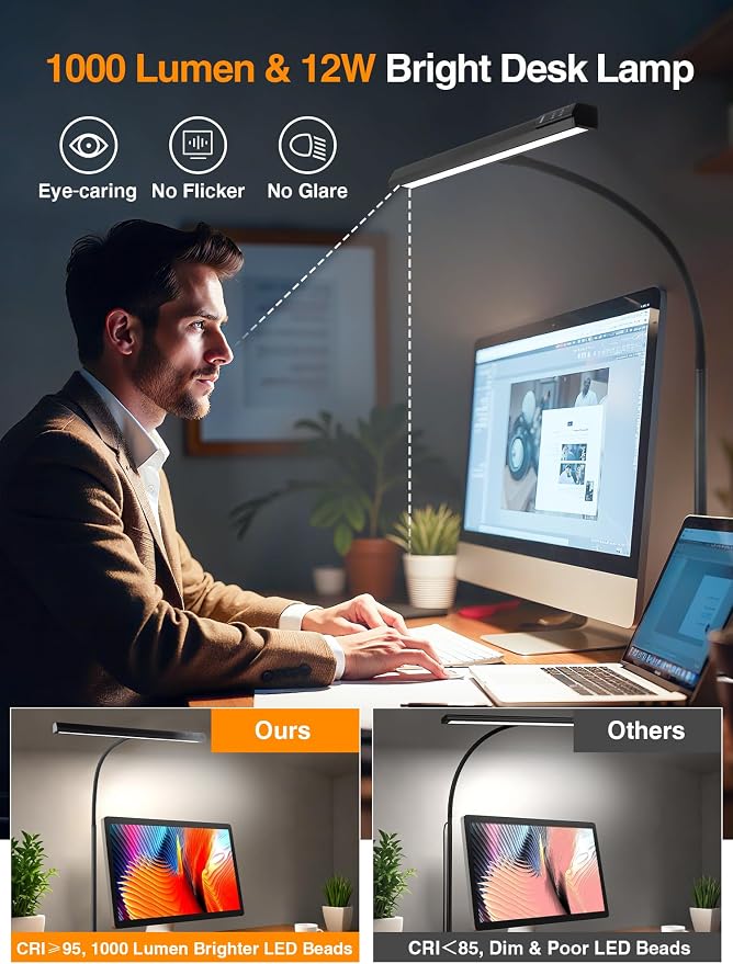 Desk Light,1000 Lumen Bright+5 Color+9 Brightness LED Desk Lamp with Remote | 12W Dimmable Monitor Light Bar with AUTO-Timer, USB Adapter Desk Lamps for Home Office, Study, Computer, Craft, Drawing Table