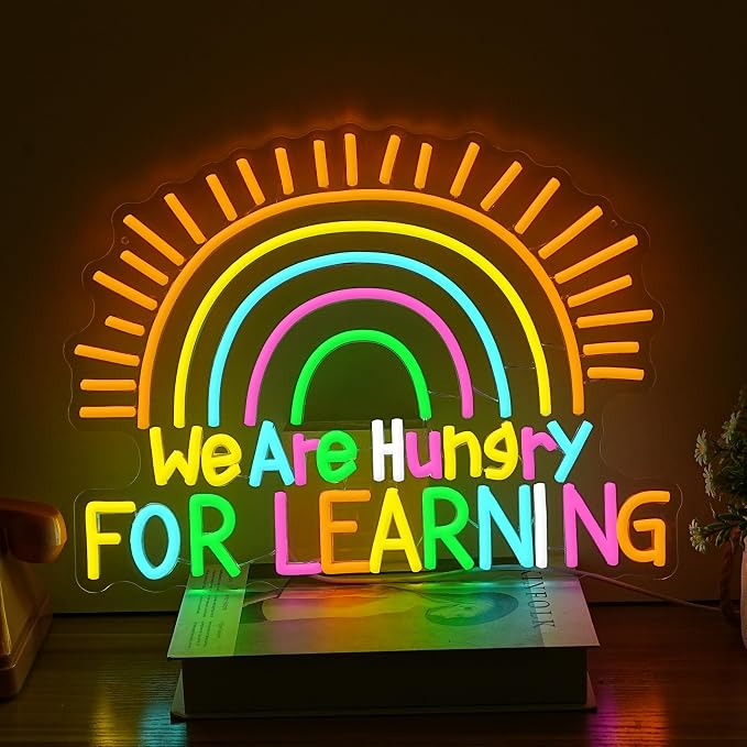 We Are Hungry For Learning Neon Sign LED Educational Light Up Sign USB Powered Rainbow Neon Light for Wall Decor Classroom Bedroom Shop Library Bookstore(16.54 * 12.6In)