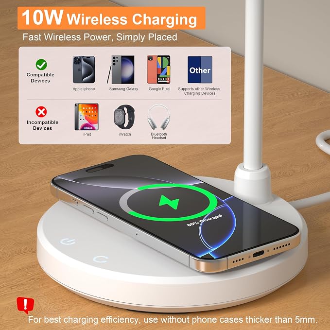 LED Desk Lamp for Home Office with Wireless Charger, White | 3 Color Modes Dimmable Eye-Caring Study Reading Dorm Desk Lamp, 360° Flexible Arm Table Lamp for College Dorm Room, 800 Lumen