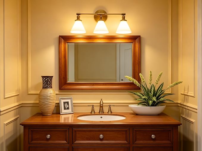 Vintage Industrial 3-Light Bathroom Vanity Light with Milk Glass lampshade – Antique Brass Wall Sconce for Over Mirror, E26 Socket, Dimmable Compatible, Hardwired Installation
