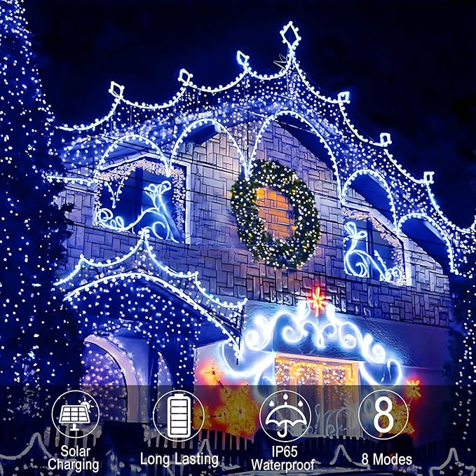 LiyuanQ 300 LED Solar Rope Lights Outdoor 99 FT Bright Solar Garden String Lights Durable 8 Modes Outdoor Fairy Lights Waterproof Solar Garden Decorative Lights (300LED, Blue)