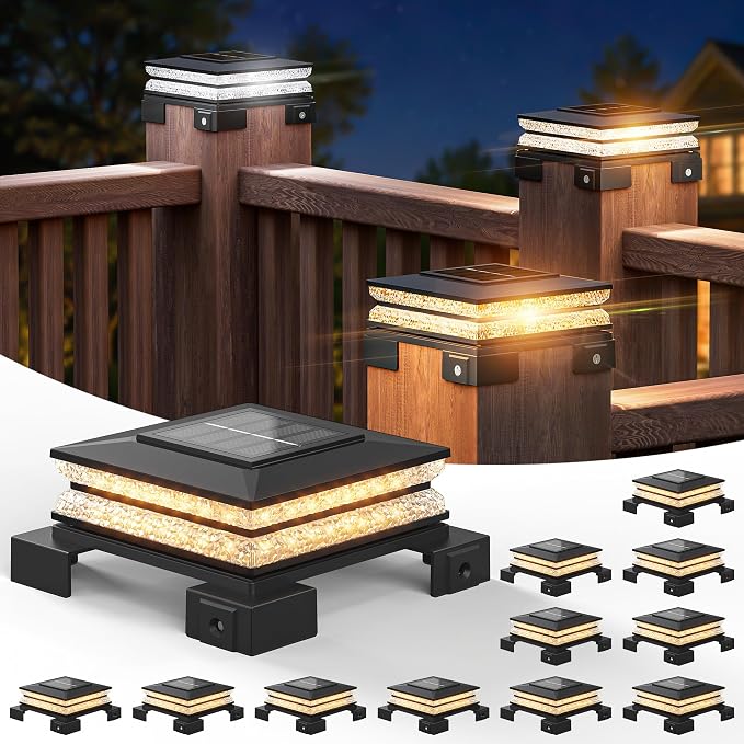 APONUO Solar Post Cap Lights Outdoor, 3 CCT& 2 Brightness Deck Post Lights Solar Powered for 4x4 5x5 6x6 Vinyl Wooden Posts, Waterproof Dusk to Dawn Fence Deck Lights for Patio Garden, Black, 12-Pack