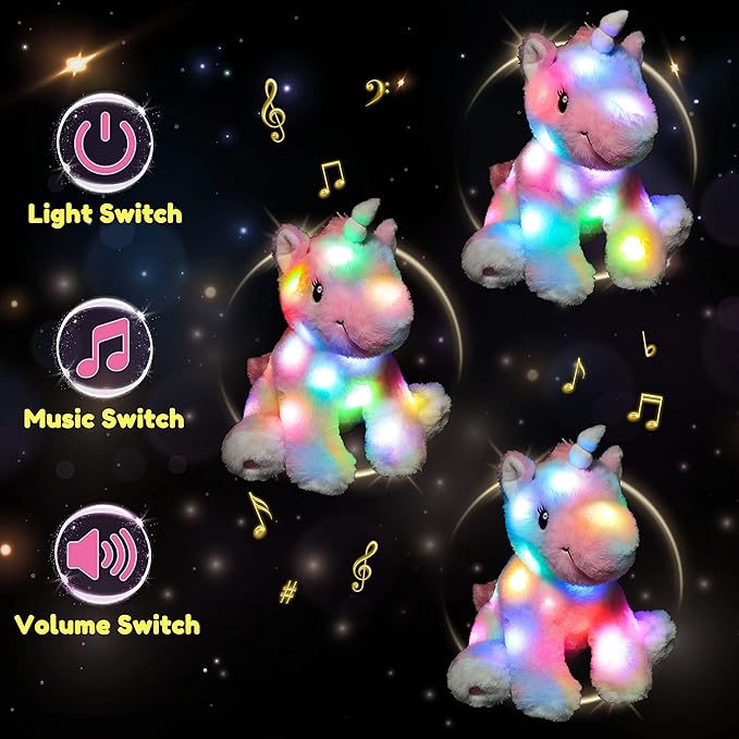 Hopearl LED Musical Stuffed Unicorn Colorful Lighting Up Singing Plush Toy Adjustable Volume Lullaby Animated Soothe Birthday Gifts for Kids Toddler Girls, Rainbow, 12''