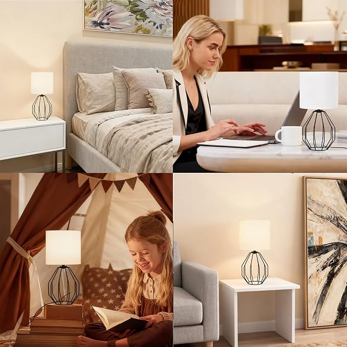 Small Table Lamp Set of 2 Black, Small Bedside Lamps, Cute Desk Lamps with Metal Cage & Linen Lampshade, Nightstand Lamps for Bedroom, Living Room, Kids Room, Office