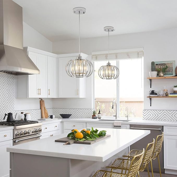 Modern Chrome Pendant Light Fixtures, Mini Crystal Hanging Light Chandelier, Metal Kitchen Island Lighting, Adjustable Pendant Lighting for Kitchen Island, Dining Room, Bedroom, Hallway